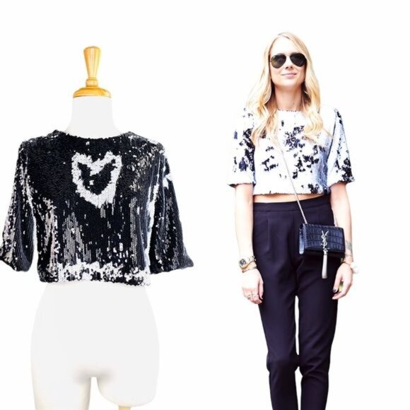 Lucy Paris Crop Top Reversible Sequins Black and White Party Top Size S NWOT - Picture 1 of 13